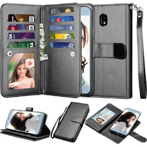 NJJEX Wallet Case for Galaxy J3 2018/Eclipse 2/J3 Orbit/J3 Achieve/Express Prim 3/Amp Prim 3/J3 Aura/Sol 3/J3 V 3rd/J3 Star, PU Leather Card Slots Holder Flip Cover Case for Samsung J3 Orbit [Black]