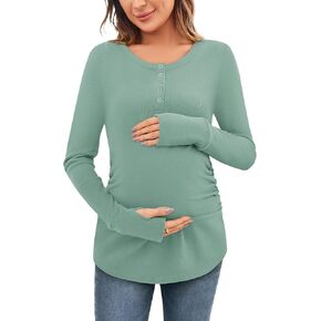 Women's Maternity Shirts Casual Long Sleeve Round Neck Button Side Ruched Pregnancy Fall Clothes S-XXL