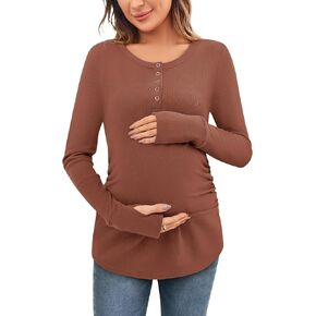 Women's Maternity Shirts Casual Long Sleeve Round Neck Button Side Ruched Pregnancy Fall Clothes S-XXL in Kuwait