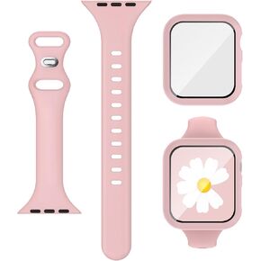 3-IN-1 for Thin Apple Watch Band 40mm 41mm 44mm 45mm with Case & Screen Protector, Slim Skinny Silicone Sport Strap and Cover with 9H Tempered Glass for iWatch Series SE SE2 9 8 7 6 5 4 for Women