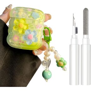 حافظة AirPods مع طقم منظف لطيف ثلاثي الأبعاد بإطار مموج مجعد تصميم الزهور أزياء Preppy مع سلسلة مفاتيح، غطاء حماية ناعم من مادة TPU الواقية من الجيل الثاني والأول للفتيات والنساء