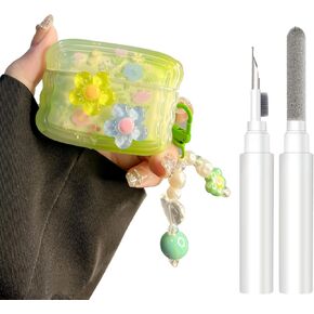 for AirPods Pro Case with Cleaner Kit Cute 3D Curly Wave Frame Flowers Design Preppy Fashion with Keychain, Soft TPU Protective Shockproof AirPod Pro Case Cover for Girls Women