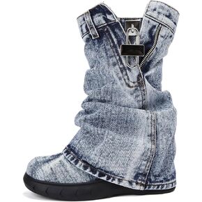 Denim Boots with Zipper Metal Lock for Women,Fashion Vintage Women's Round Toe Blue Jeans Mid Calf Chunky Platform Booties Chunky Long Boots Padlock Boots with Side Zipper Western Cowboy fold Denim Trouser Thigh High Boots