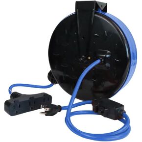 30 Ft Retractable Extension Cord Reel, 16/3 SJTW Power Cord with 3 Electrical Outlets, Ceiling or Wall Mount, 10 Amp Circuit Breaker, Metal Plate, UL Listed, Yellow