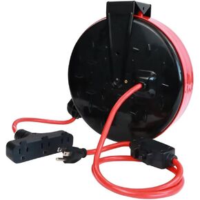 30 Ft Retractable Extension Cord Reel, 16/3 SJTW Power Cord with 3 Electrical Outlets, Ceiling or Wall Mount, 10 Amp Circuit Breaker, Metal Plate, UL Listed, Yellow