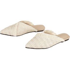 QEOSNBX Women'S Fringe Straw Flat Mules Closed Pointed Toe Slip-On Breathable Comfortable Walking Slipper Slide For Work Walking Casual Sandals