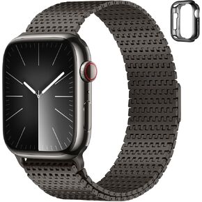 أساور Anlinser متوافقة مع سوار ساعة Apple مقاس 45 مم 44 مم 42 مم للنساء والرجال، أشرطة معدنية مغناطيسية من الفولاذ المقاوم للصدأ مع حافظة مصممة لسلسلة iWatch 9 8 7 6 5 4 3 SE، ذهبي
