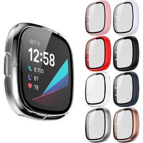 8 عبوات من أغطية الجرابات المتوافقة مع جهاز تتبع اللياقة البدنية Fitbit Versa 3/Sense، وممتص للصدمات مطلي بالكمبيوتر الصلب وحافظات حماية للشاشة من الزجاج المقسى مضادة للخدش وملحق الساعة الذكية