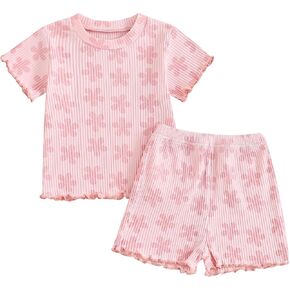 Toddler Baby Girl Summer Outfit Floral Print Crew Neck Short Sleeve T-Shirts Tops and Shorts 2Pcs Clothes Set in Saudi Arabia