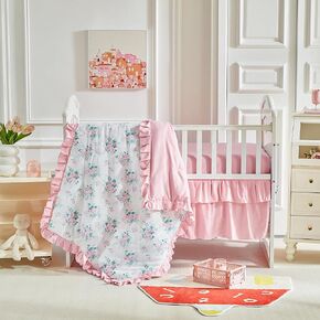 طقم سرير أطفال مكشكش من القطن مكون من 3 قطع لحاف مبطن بالزهور مع ملاءة جاهزة وتنورة سرير - زهور أرجوانية وصفراء - طقم سرير أطفال أبيض أنيق مكشكش لطيف على شكل زهرة بيضاء بطانية ناعمة للفتيات in Kuwait