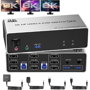 8K @ 60 هرتز KVM Switch 3 شاشات 2 جهاز كمبيوتر 4K @ 144 هرتز، Displayport KVM Switch شاشة ثلاثية لجهازي كمبيوتر مشاركة 3 شاشات، منفذ ميكروفون صوتي و3 أجهزة USB3.0، جهاز تحكم عن بعد سلكي ومحول طاقة 5 فولت in Kuwait