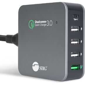 شاحن SIIG USB C 5 منافذ 45 وات مع شحن سريع 3.0، USB Type C & QC 3.0 محطة شحن سطح المكتب بالإضافة إلى حامل منظم للهاتف / الكمبيوتر اللوحي - أسود AC-PW1714-S1 in Kuwait