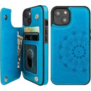 Vaburs Compatible with iPhone 14 Case Wallet with Card Holder, Embossed Mandala Pattern Flower PU Leather Double Buttons Flip Shockproof Cover for Magnetic Car Mount 6.1 Inch (Blue)