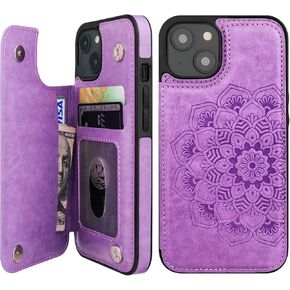 Vaburs Compatible with iPhone 14 Case Wallet with Card Holder, Embossed Mandala Pattern Flower PU Leather Double Buttons Flip Shockproof Cover for Magnetic Car Mount 6.1 Inch (Blue)