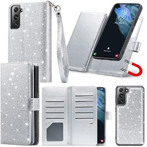 Varikke Compatible with Samsung Galaxy S21 FE 5G Case, Wallet Case with Card Holder, Kickstand, Wristlet, Magnetic Detachable, Glitter PU Leather, Dark Purple