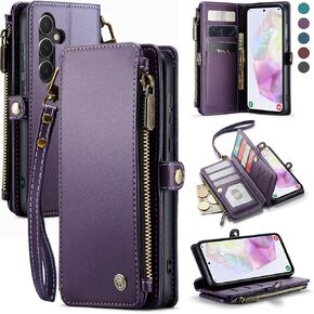 Defencase for Samsung Galaxy A35 5G Case, RFID Blocking for Samsung A35 5G Case Wallet with Card Holder for Women Men, PU Leather Magnetic Flip Zipper Strap Phone Case for Galaxy A35 5G, Rose Pink