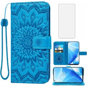 Phone Case for Oneplus Nord N200 5G Wallet with Tempered Glass Screen Protector and Leather Slim Flip Cover Card Holder Stand Cell Accessories One Plus N 200 1plus One+ 1+ N2005G Women Men Blue