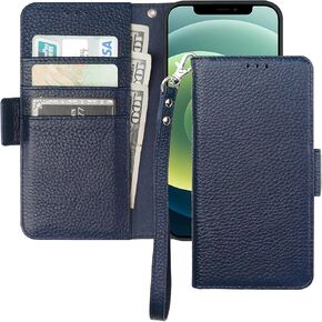 Bocasal iPhone 12/12 Pro Wallet Case, Genuine Leather, Wireless Charging, RFID Blocking, Card Holder, Kickstand, 6.1" (Dark Blue)