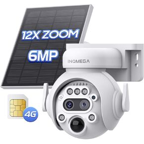 INQMEGA 【تكبير 12X】 كاميرا أمان خلوية 4G LTE، كاميرا شمسية لاسلكية بعدسة مزدوجة 6 ميجابكسل مع تكبير هجين 12x، بدون واي فاي، رؤية ليلية وإضاءة رياضية، كشف حركة PIR، تتضمن بطاقة 4G