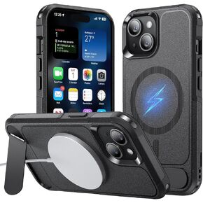 3 in 1 for iPhone 15 Case with Stand, [Omni-Directional Protection] with 1X Screen Protector + 1X Camera Lens Protector, [Seamless Work with Magsafe] Shockproof Case for iPhone 15 Black