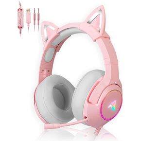 Aimzone Cat Ear Gaming Headset with Noise Cancelling Over Ear Headphones with Microphone, Soft Memory Padded Earmuffs, RGB, 7.1 Surround Bass and Sound, Wired Headset with Mic, Phone, Laptop, PC(Pink)