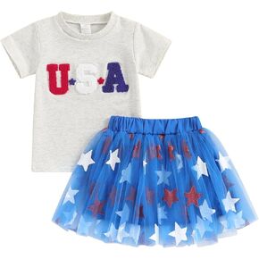 MoZiKQin Toddler Little Baby Girl 4th of July Tutu Outfit USA Shirt Tops Tulle Skirt Fourth of July Outfits for Kids Girls