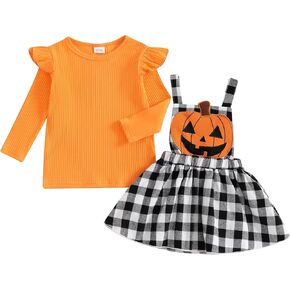 Toddler Girl Halloween Outfit Solid Shirt Pumpkin Suspender Skirt 6M 1T 2T 3T 4T 5T Kids Girls Overall Dress Set