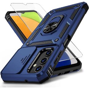 for Samsung Galaxy A03S Case with Slide Camera Lens Cover, HD Screen Protector, Military Grade Drop Protection, Magnetic Rotated Ring Holder Kickstand Phone Case (Black)