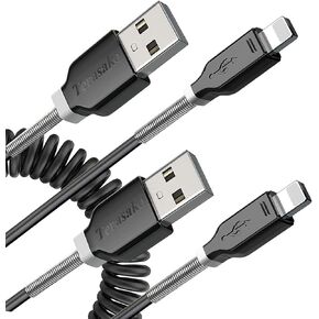كابل لايتنينج ملفوف من Terasako للسيارة مكون من قطعتين [كابل شاحن iPhone ملفوف بطول 3 أقدام متوافق مع iPhone 12Pro Max/12Pro/12/11/XS/XS Max/XR/X/8/8 Plus/iPad/iPod in Kuwait