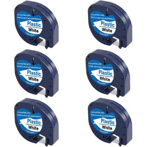 6-Pack 91331 White Plastic Label Tapes Replace for DYMO LetraTag Label Maker Refills for Letra Tag Plus LT100H LT100T, 1/2" x 13'(12mm x 4m), Black on White