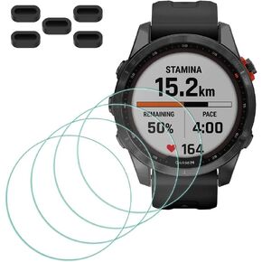 MTHGH Screen Protector for Garmin fenix 7S/ 7S Solar/ 7S Sapphire Solar Smartwatch [4 Pcs] + Anti-dust Plugs 5Pcs, Tempered Glass 9H Hardness Bubble Free Film Ultra-Thin Protective Cover
