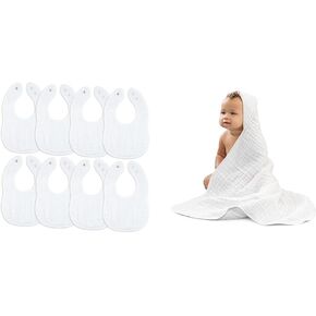 Comfy Cubs Muslin Baby Bibs and Baby Hooded 9 Layer Muslin Cotton Towel for Kids Bundled
