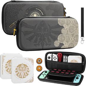Carrying Case Compatible with Nintendo Switch/Switch OLED, Tear of The Kingdom Portable Travel Hard Shell for Switch Accessories with Game Card Case, Handle Strap, 2 Thumb Grip Caps, Black