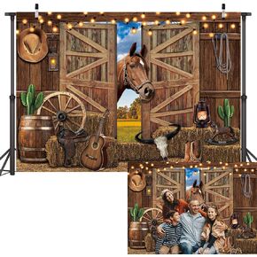 7x5ft Western Cowboy Backdrop Western Rodeo Party Background Wild Rustic Wooden Barn Backdrops Door Horse Boy Girl Birthday Photo Shoot Props
