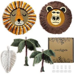 cosyLabels Macrame Nursery Decor: Safari Boho Baby Room Decor. Premium Jungle Wall Hanging with Hooks, Cotton Base. Lion, Monkey, 2x Palm Trees, Leaf