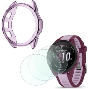واقي شاشة الساعة الذكية متوافق مع Garmin Forerunner 165 Music، غطاء إطار ناعم من مادة TPU باللون البنفسجي وطبقة حماية من الزجاج المقسى (زجاج + حافظة (بنفسجي))