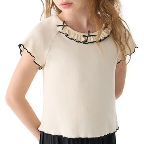 Girls Cute Long Sleeve Chiffon Blouses Square Neck Beige for 3-12 Years
