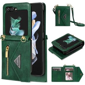 SZHAIYU Wallet Purse for Samsung Galaxy Z Flip 4 5G Crossbody Case with Credit Card Holder Strap Lanyard Cute Women Kickstand Leather Zipper (Black,Z Flip 4)