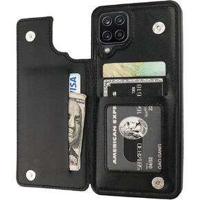Compatible with Samsung Galaxy A12 Wallet Case with Card Holder, PU Leather Kickstand Card Slots Case, Double Magnetic Clasp and Durable Shockproof Cover 6.5 Inch(Black)