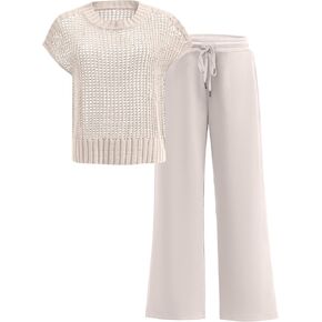 ANRABESS Women Two Piece Outfits Crochet Sheer Knit Sweater Top Wide Leg Pants Lounge Matching Sets Sweatsuit Travel Clothes