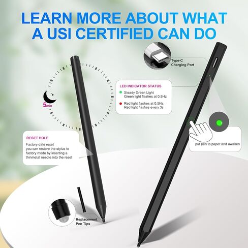قلم USI 2.0 لجهاز HP Chromebook وASUS Chromebook وLenovo Chromebook وAmazon Fire Max 11 وGoogle Pixel Tablet، مع مستوى ضغط 4096، ورفض راحة اليد، وشحن سريع USB-C، أسود in Kuwait
