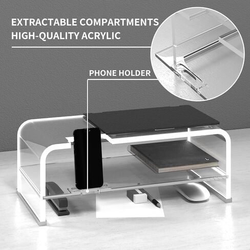 2 Layers Acrylic Monitor Stand with LED Light and Division Board, Clear Computer Monitor Stand Riser with Storage, Gaming Monitor Stand for Office Home, Clear in Kuwait