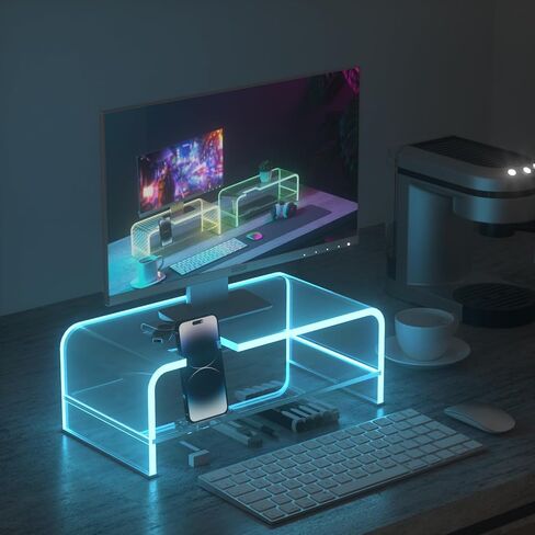 2 Layers Acrylic Monitor Stand with LED Light and Division Board, Clear Computer Monitor Stand Riser with Storage, Gaming Monitor Stand for Office Home, Clear in Kuwait