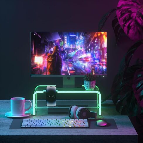 2 Layers Acrylic Monitor Stand with LED Light and Division Board, Clear Computer Monitor Stand Riser with Storage, Gaming Monitor Stand for Office Home, Clear in Kuwait