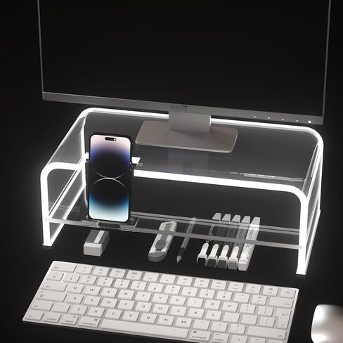 2 Layers Acrylic Monitor Stand with LED Light and Division Board, Clear Computer Monitor Stand Riser with Storage, Gaming Monitor Stand for Office Home, Clear in Kuwait