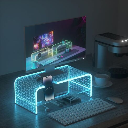2 Layers Acrylic Monitor Stand with LED Light and Division Board, Clear Computer Monitor Stand Riser with Storage, Gaming Monitor Stand for Office Home, Clear in Saudi Arabia