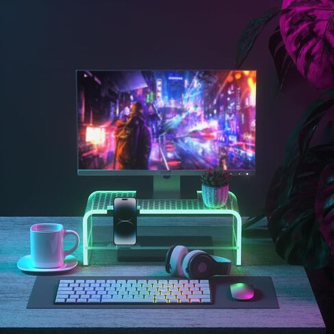 2 Layers Acrylic Monitor Stand with LED Light and Division Board, Clear Computer Monitor Stand Riser with Storage, Gaming Monitor Stand for Office Home, Clear in Saudi Arabia