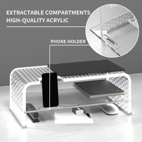 2 Layers Acrylic Monitor Stand with LED Light and Division Board, Clear Computer Monitor Stand Riser with Storage, Gaming Monitor Stand for Office Home, Clear in Saudi Arabia