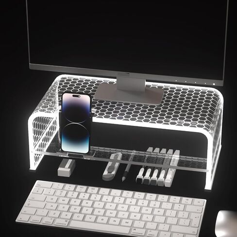 2 Layers Acrylic Monitor Stand with LED Light and Division Board, Clear Computer Monitor Stand Riser with Storage, Gaming Monitor Stand for Office Home, Clear in Saudi Arabia