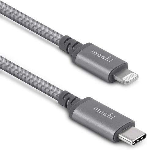 كابل Moshi Integra USB C إلى Lightning بطول 4 أقدام/1.2 متر، معتمد من Mfi، توصيل الطاقة، شحن سريع 30 وات، [مضفر من النايلون الباليستي المتين] لهاتف iPhone 12/11/iPad [لاستخدام شاحن USB C]، رمادي تيتانيوم in Saudi Arabia
